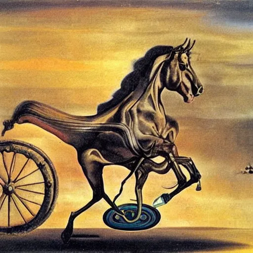 Image similar to A horse with wheels splits the fabric of time. Painting by Salvador Dali.