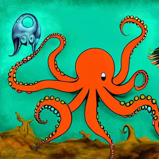 Image similar to Specualtive evolution paleoart with octopus using computer, expressive and beautiful digital art