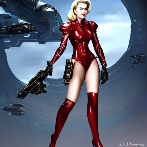 Image similar to A combination of Ada Wong's and Grace Kelly's and Ashley Greene's appearances with blonde hair wearing Terran marine's armor from StarCraft, high tech, action shot, angular, full body portrait, futuristic, dramatic, fantasy, intricate, elegant, highly detailed, artstation, matte, sharp focus, 8K, art by Donato Giancola and James Gurney