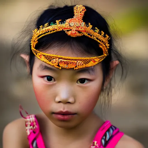 Image similar to A young ancient asian tribal princess, (EOS 5DS R, ISO100, f/8, 1/125, 84mm, postprocessed, crisp face, facial features)