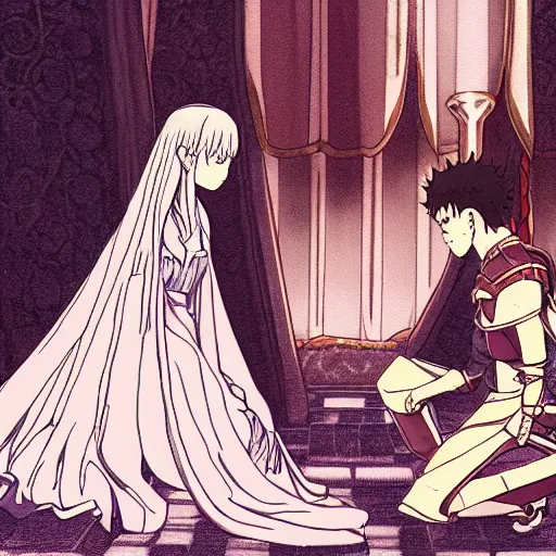 Image similar to detailed art of knight kneeling before a beautiful princess, anime ufotable