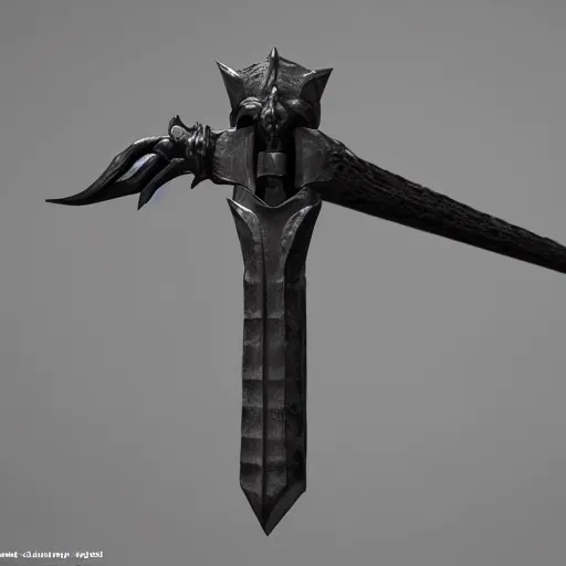 Image similar to a sharp black sword skull handle, ornament, on a gray background, a 3 d render by dom qwek, studio lighting, raytracing, trending on polycount, futurism, hard surface modeling, rendered in maya, 3 ss max, blender, artstation hd