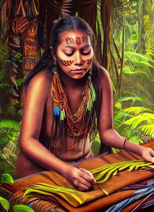 Image similar to a beautiful painting of a young indigenous female crafting a fabric in the jungle realistic face ayahuasca fantasy art style matte painting highly detailed