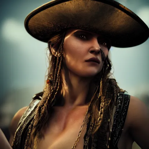 Image similar to full body pose, hyperrealistic photograph of a drunk pirate woman, dim volumetric lighting, 8 k, octane beautifully detailed render, extremely hyper detailed, intricate, epic composition, cinematic lighting, masterpiece, trending on artstation, very very detailed, stunning, hdr, smooth, sharp focus, high resolution, award, winning photo, dslr, 5 0 mm