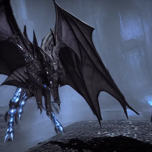 Prompt: Film still of the Ender Dragon, from The Elder Scrolls V: Skyrim (2011 video game)