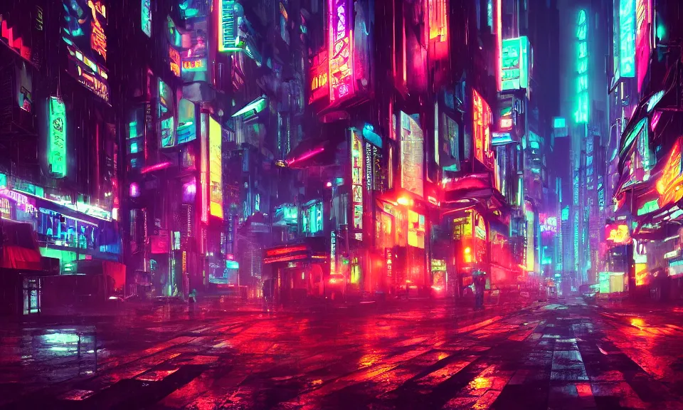 Image similar to a cyberpunk street scene with neon lights, raining, cinematic, atmospheric lighting, 4k uhd wallpaper, digital art trending on artstation