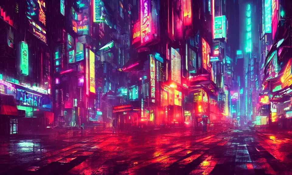 a cyberpunk street scene with neon lights, raining, | Stable Diffusion ...