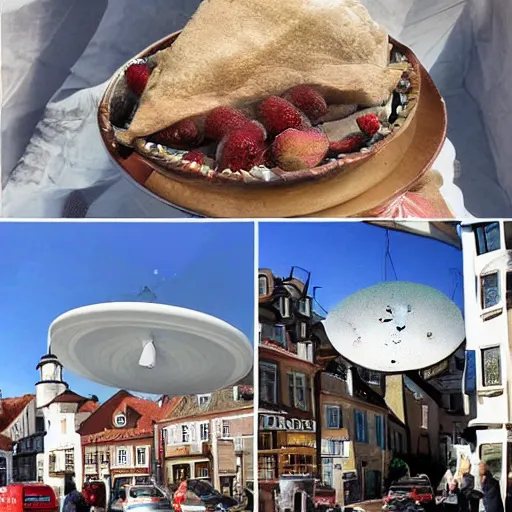 Prompt: UFO shaped like a pie invading a small town in europe