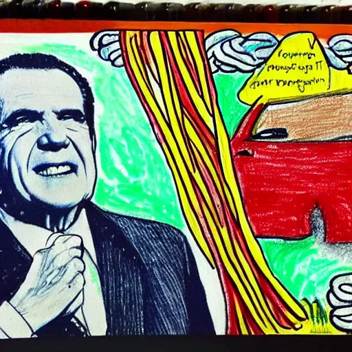 Prompt: child's crayon drawing of richard nixon swimming in spaghetti.