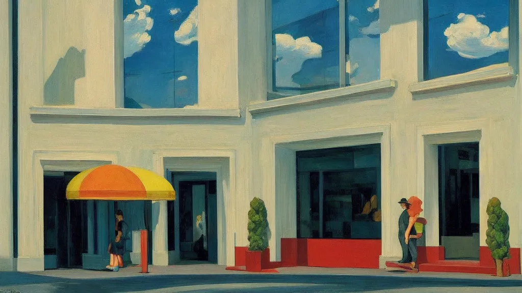 Prompt: Street art. paralyzed by the indescribable beauty of the cosmos. facade of the entrance to the museum. art style by Edward Hopper daring, incredible