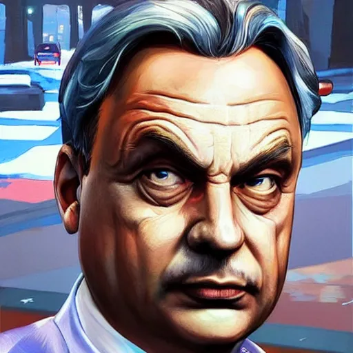 Image similar to Viktor Orban as a character in the game GTA VI, with a background based on the game League of Legends, detailed face, PAINTING BY android jones