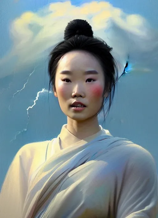 Image similar to portrait of Mulan in white cloth, countryside, fantasy character portrait, dynamic pose, above view, view from above, sunny day, thunder clouds in the sky, artwork by Jeremy Lipkin and Giuseppe Dangelico Pino and Michael Garmash and Rob Rey, very coherent symmetrical artwork, perfect face, simple form, 100mm