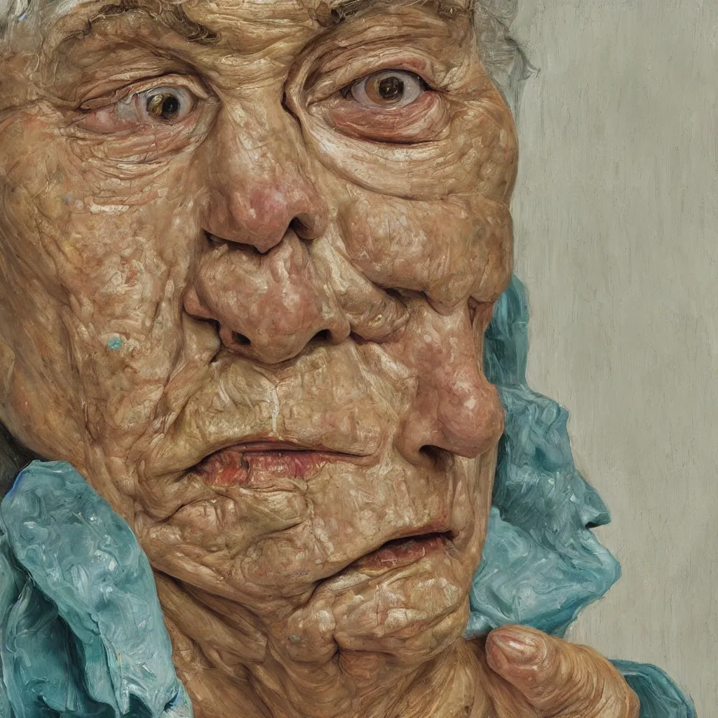 Prompt: high quality high detail painting by lucian freud, jenny savile, unsettling portrait, cream and turquoise, hd