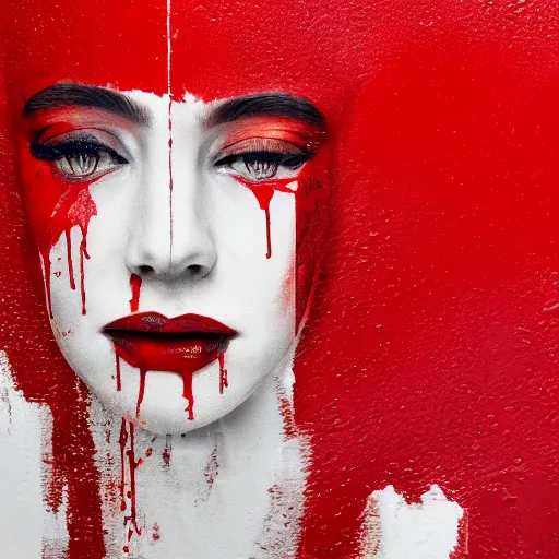 Image similar to dripping red paint across the shape of a female human, realistic , high detail, on a white background