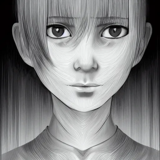 Image similar to beautiful pure evil teenager lain, cute but erratic haircut, with hundreds of network cables, neatly coming out of her head, a part of her face panel is showing, she is in pure bliss, chaos, bizarre, strange, portrait, painting, soft and intricate, fine lines, face is breaking like a porcelain doll, insanity by artgerm,