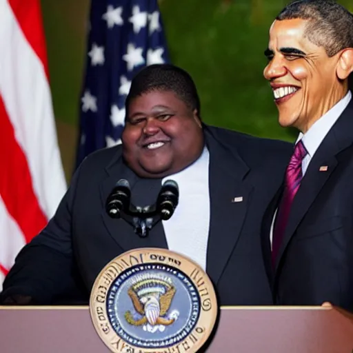 Image similar to presidential photo of Obese Obama holding a gun, press conference, laughing, giggling