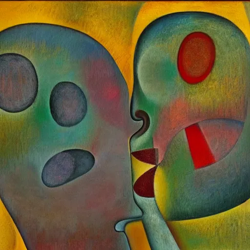Image similar to Oil painting by Roberto Matta. Strange mechanical beings kissing. Close-up portrait by Lisa Yuskavage. Paul Klee.