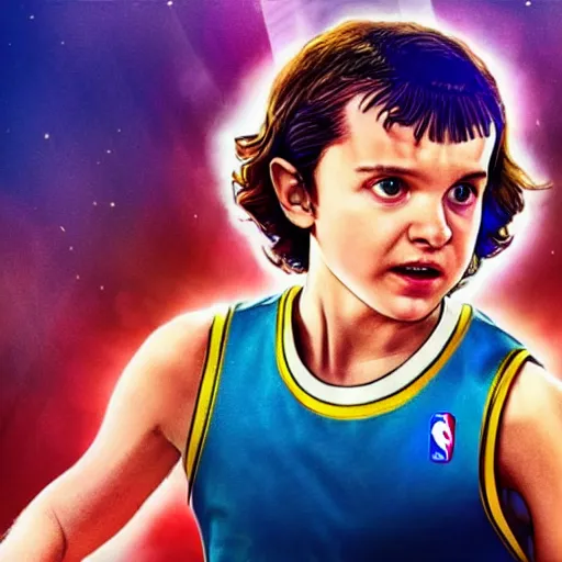 Image similar to eleven from stranger things playing basketball and making a shot in an nba stadium , close up shot, wide angle, lens flares