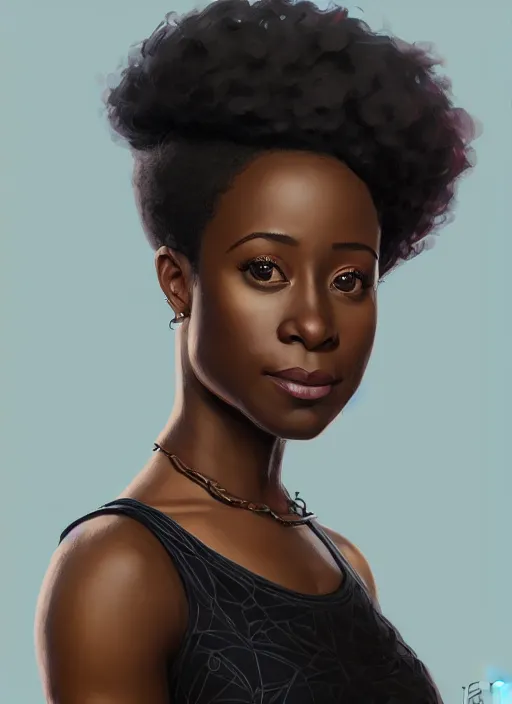 Image similar to 3/4 portrait of Kirby Howell-Baptiste wearing a modern black tank top, art nouveau, D&D, fantasy, elegant, highly detailed, digital painting, artstation, concept art, matte, sharp focus, illustration, art by Artgerm and Greg Rutkowski and WLOP