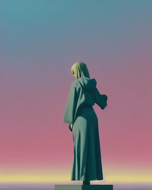 Image similar to a painting of a woman standing in front of a statue, a screenshot by stanley twardowicz, cgsociety, aestheticism, aesthetic, vaporwave, anime aesthetic