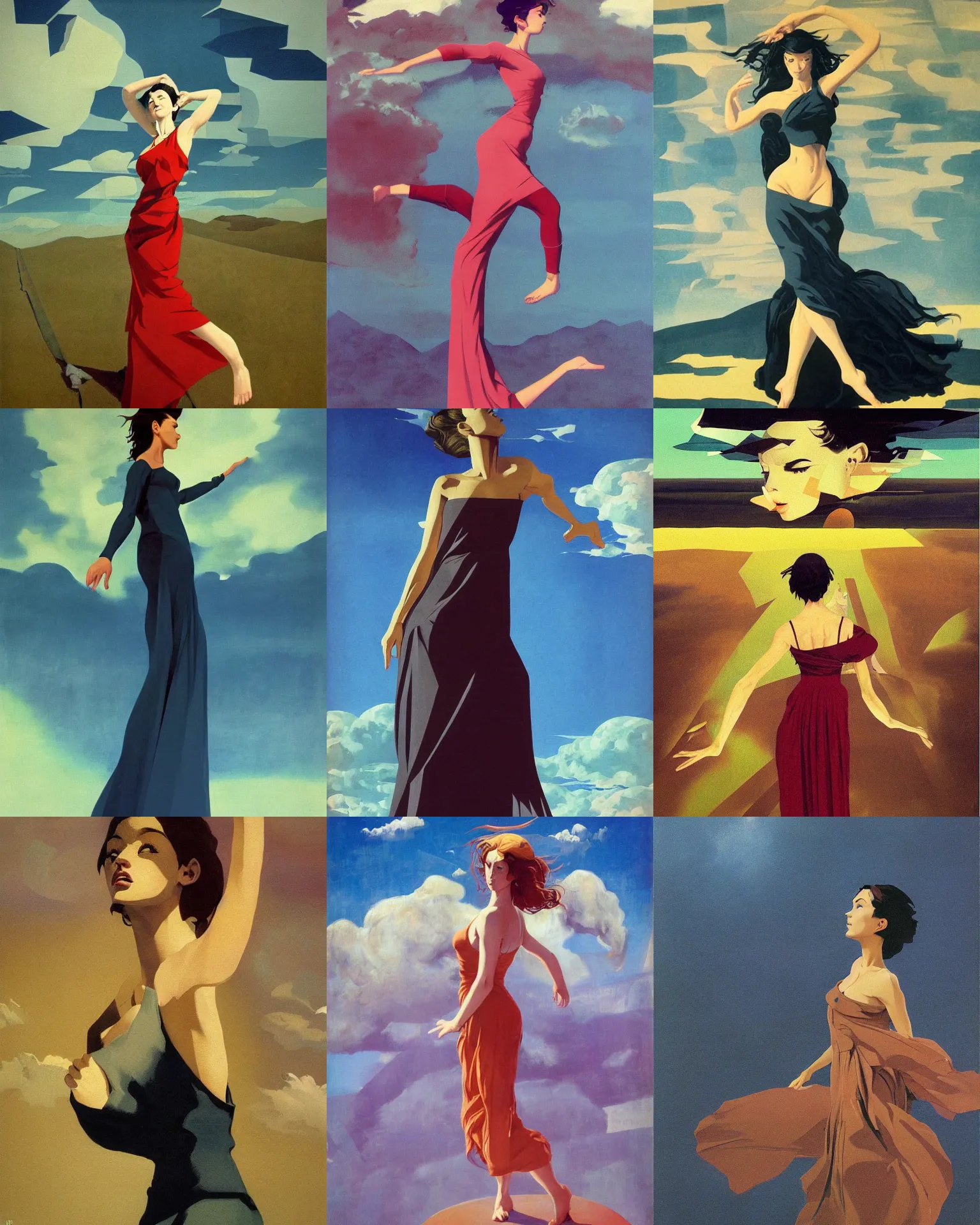 Prompt: woman portrait, female figure in maxi dress, sky, thunder clouds modernism, dynamic pose, dance, morning dramatic cinematic light, low poly, low poly, low poly, industrial, soviet painting, social realism, barocco, Frank Frazetta, Dean Ellis, Detmold Charles Maurice, gustav klimt, levitation, movie poster 1993 anime