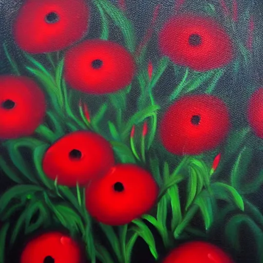 Image similar to oil painting of many various red flowers painted on a black background, dark atmosphere, realistic flowers oil painting