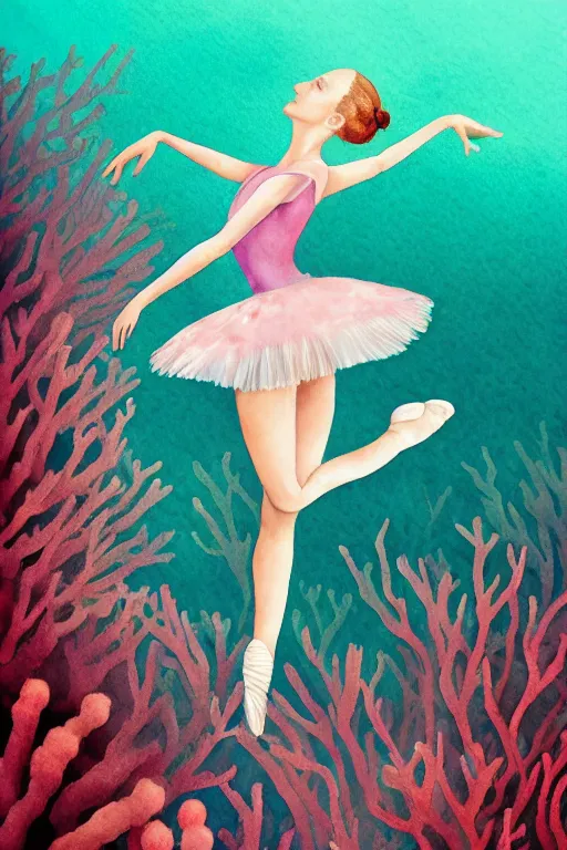 Image similar to ballerina alone at the bottom of the great barrier reef by jaques cousteau, digital art, smooth, focus, highly detailed, hyper realistic, watercolor