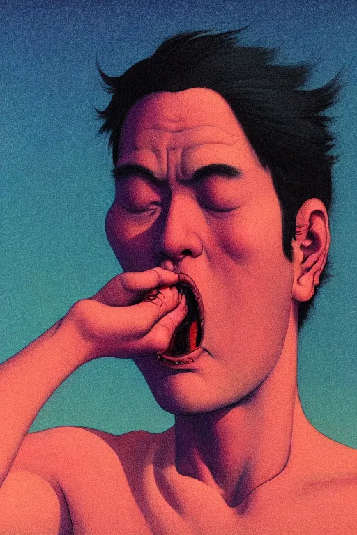 Image similar to a closeup portrait of a simple man licking a tab of LSD acid on his tongue and dreaming psychedelic hallucinations, by kawase hasui, moebius, Edward Hopper and James Gilleard, Zdzislaw Beksinski, Steven Outram colorful flat surreal design, hd, 8k, artstation