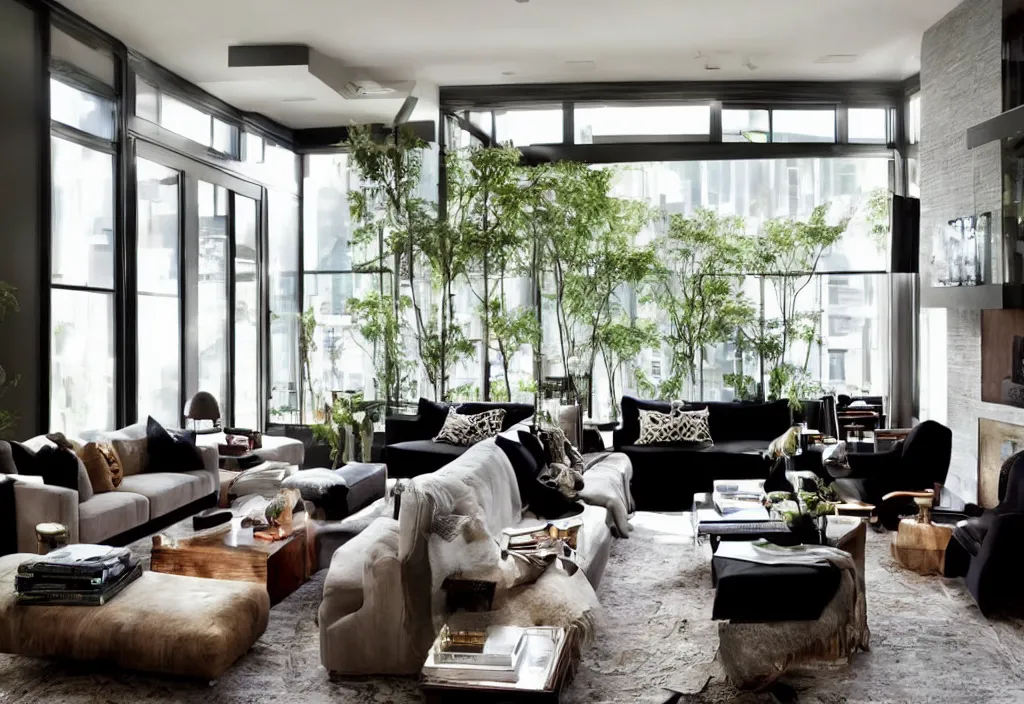 Prompt: a modern interior design, living room, residential design, floor - to - ceiling windows, by nate berkus, trending ，