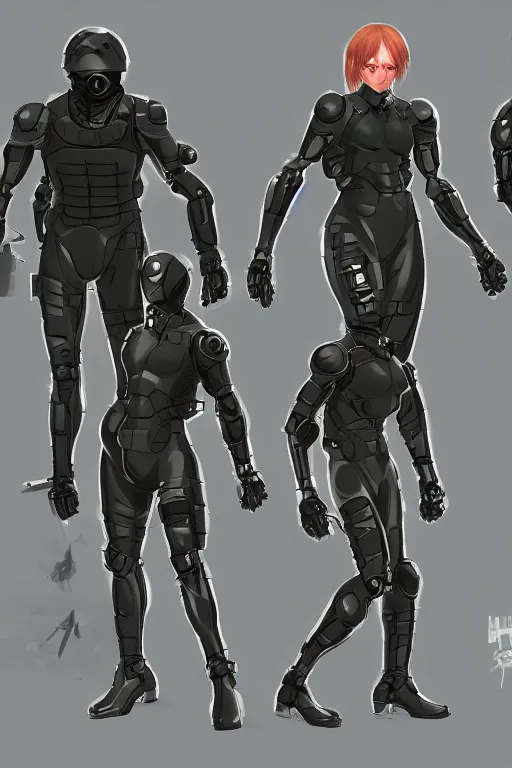Prompt: robot ninja mask helmet metal gear solid snake pose training suit swat heros chaykin howard and campion pascale and cooke darwyn and davis jack illustration character design concept the phantom pain cosplay sniper wolf