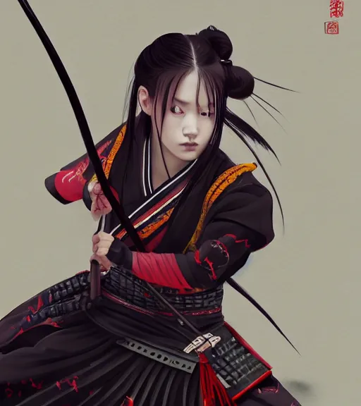 Prompt: a girl holding a katana, samurai outfit, japanese clothes, ponytail, action shot, highly detailed, digital painting, artstation, concept art, smooth, sharp focus, kunoichi, illustration