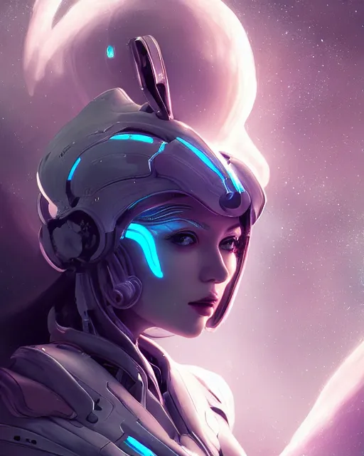 Image similar to perfect android girl on a mothership, warframe armor, beautiful face, scifi, futuristic, galaxy, nebula, raytracing, dreamy, long white hair, blue cyborg eyes, sharp focus, cinematic lighting, highly detailed, artstation, divine, by gauthier leblanc, kazuya takahashi, huifeng huang