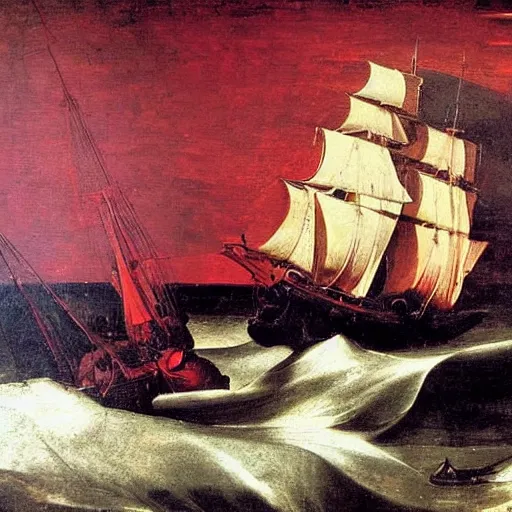 Prompt: A ship lost in a storm, oil painting, Renaissance style, deep red background, highly detailed, by Caravaggio