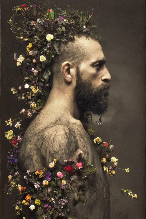 Image similar to a man's face in profile, with a long beard, made of flowers and fruit and glistening water droplets, in the style of the Dutch masters and Gregory crewdson, dark and moody