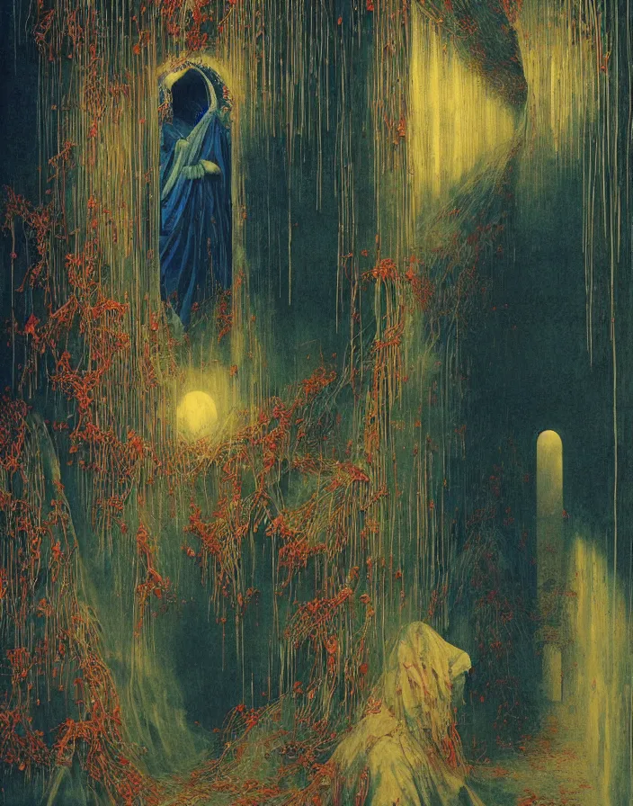 Image similar to worshippers in robes entering the door of the light house, going through the door, high detailed beksinski painting, part by adrian ghenie and gerhard richter. art by takato yamamoto. masterpiece, deep colours, blue