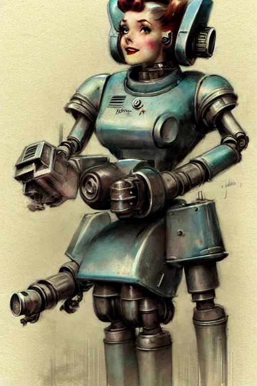 Prompt: ( ( ( ( ( warhammer 4 0 k, 1 9 5 0 s retro future robot android maid. muted colors. ) ) ) ) ) by jean - baptiste monge!!!!!!!!!!!!!!!!!!!!!!!!!!!!!!