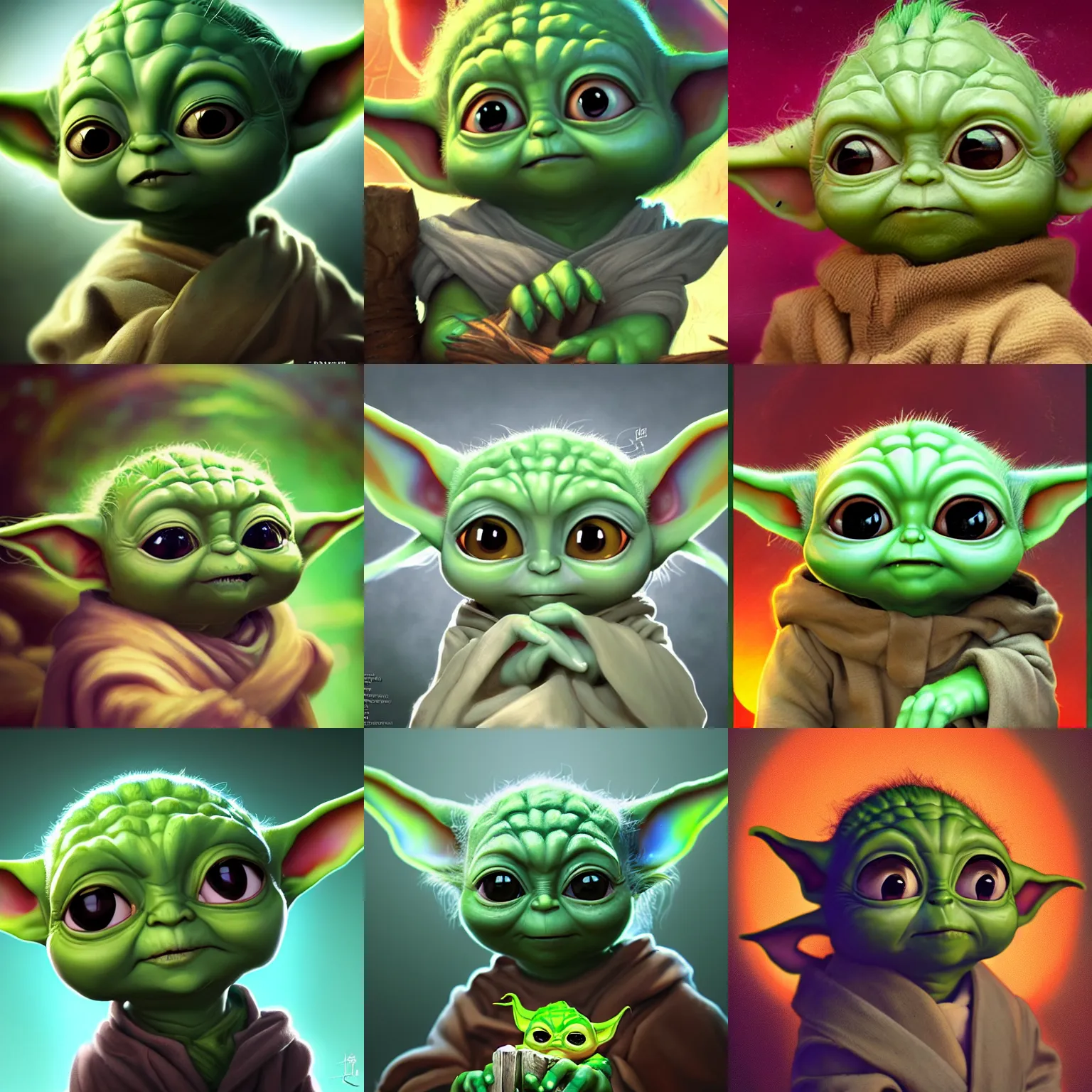 Prompt: An epic fantasy comic book style portrait painting of an extremely cute and adorable very beautiful baby yoda, star wars baby yoda character design by Jeremiah Ketner and Hiroyuki Mitsume-Takahashi and Goro Fujita and Pixar, unreal 5, DAZ, hyperrealistic, octane render, cosplay, RPG portrait, dynamic lighting, intricate detail, harvest fall vibrancy, cinematic