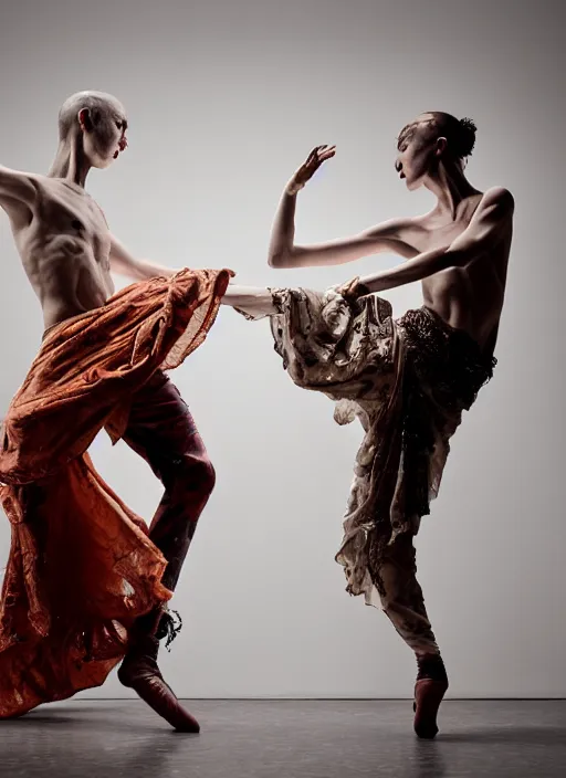 Prompt: expressive potrait photo of male and female butoh dancers dancing with cloth, glamour shot, by jenny saville, by stefan gesell, photorealistic, canon r 3, fashion photography, hyper maximalist, elegant, ornate, luxury, elite, environmental portrait, symmetrical features, octane render, unreal engine, solid dark grey background, dramatic lights