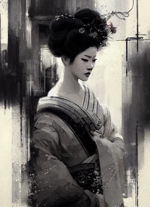 Prompt: female geisha girl, beautiful face, black and white, rule of thirds, intricate outfit, spotlight, by greg rutkowski, by jeremy mann, digital painting