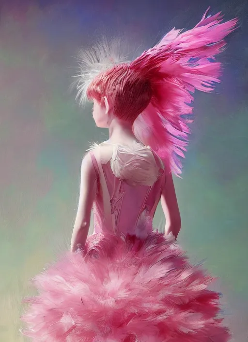 Prompt: beautiful little girl with an pink eccentric haircut wearing an dress made of feathers dancing on stage, artwork made by ilya kuvshinov, inspired in donato giancola, hd, ultra realistic, reflection, flowers, light, realistic face