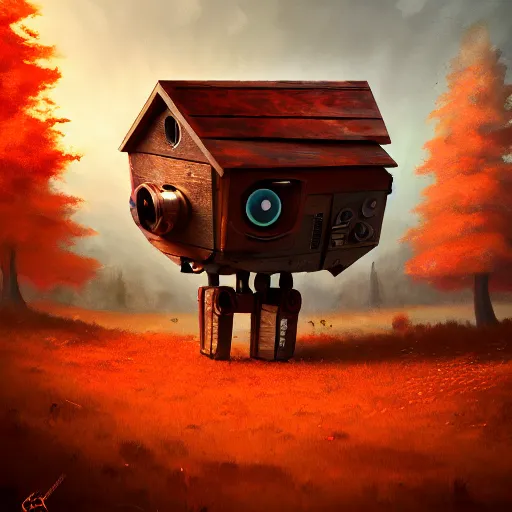 Image similar to a walking wood and metal house with two legs and one big eye, rust, hyperrealistic, highly detailed, cinematic, single ray of sun, morning, pareidolia, gravity falls style, red and orange dominance, beautiful, cgssociety, artstation, 8 k, oil painting, digital art