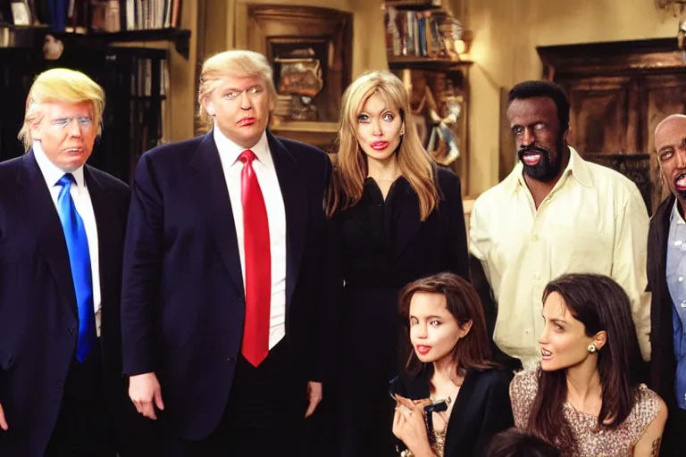 Prompt: Angelina Jolie, Boris Johnson, Mr T, Donald Trump, Wesley Snipes, best friends, on set of Friends TV show, still photo, hyperrealistic, 35mm, 8k, by weta digital