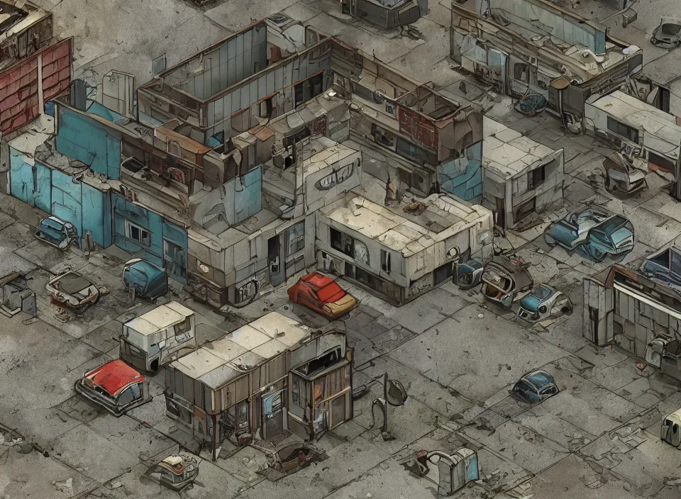 Prompt: Screenshot of the outside of an abandoned rusty Radio Shack in Fallout 2 (1998), isometric perspective, postapocalyptic, bird's eye view, prerendered isometric graphics, high quality