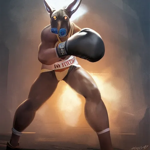 Image similar to anubis as a boxer ready to take on the world champ, boxing ring, strong spotlights, 4 k, trending on artstation, sharp focus, concept art, extremely detailed, intricate, sakimichan, artgerm, greg rutkowski