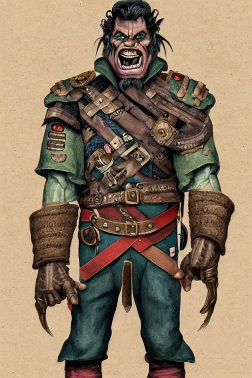 Prompt: 1 9 th century style portrait of a half orc with a bemused fanged smile on his face. dressed in a patchwork military uniform jacket with cut sleeves, runic arm tattoos, sharp focus, illustration, digital painting, art by magali villeneuve