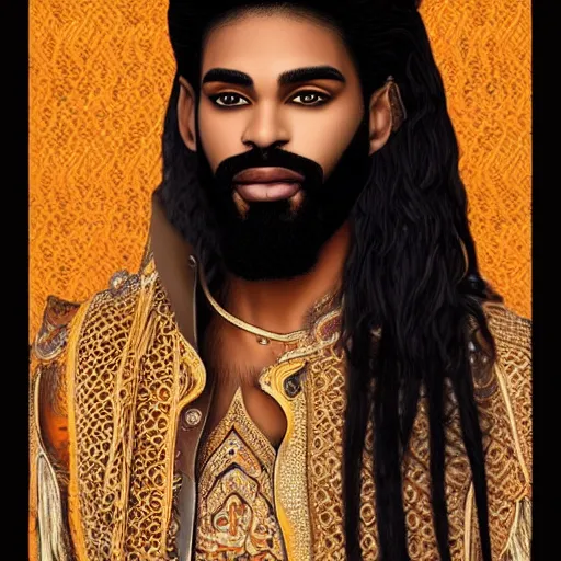 Image similar to prince with a beard and long hair, dark skin, Arabic, highly detailed, hyperrealistic