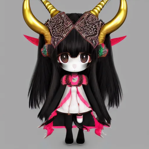 Prompt: cute fumo plush of a goat girl with horns, anime girl, tribal outfit with intricate celtic knot patterns, gothic maiden shaman, pagan goddess, black and white, stark shadows, artstation, vray