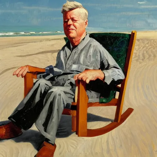 Image similar to portrait of john f kennedy, wrinkled, grey hair sitting on rocking chair, landscape of nantucket beach, dunes, ocean, bluff, handsome, hawaiian shirt, oil on canvas by william sidney mount - 1 9 8 2, trending on artstation