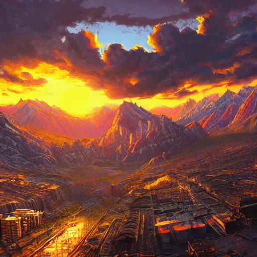 Prompt: beautiful sunset over detailed cyberpunk suburb in a valley surrounded by epic mountains with snowtops, sharp, highly detailed, oil on canvas, kacper niepokolczycki