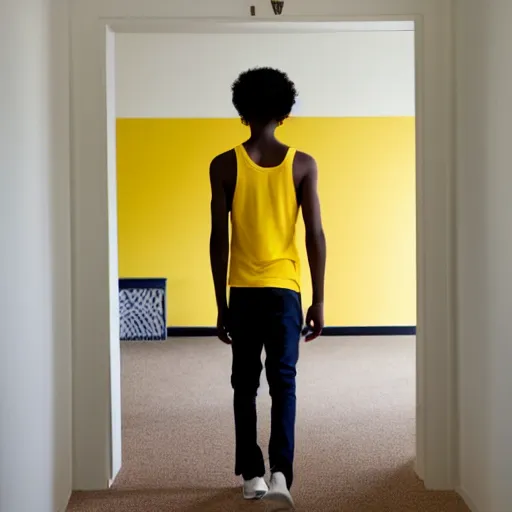 Image similar to black teenage boy wearing a white tank top with a long nose, walking in a nostalgic room with yellow walls and brown carpet